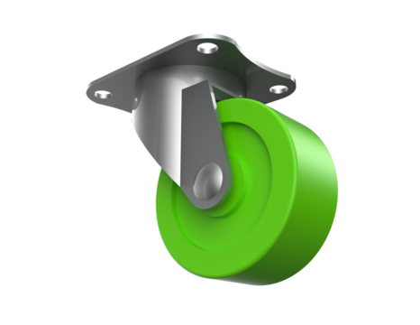 A detailed 3D rendering of a fixed caster wheel featuring a vibrant lime green polyurethane tire and silver metal mounting plate, isolated on a PNG Transparent HD Background.