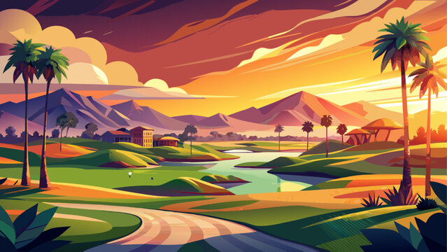 Very beautiful, golf course at sunset in Palm Springs, California, glowing fairways, palm trees, distant mountains, golden sunlight, tranquil landscape, and serene desert oasis under the warm evening 