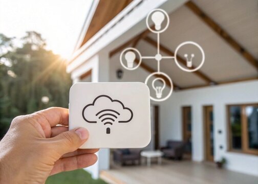 Hand holding a smart home automation system concept with wireless connection