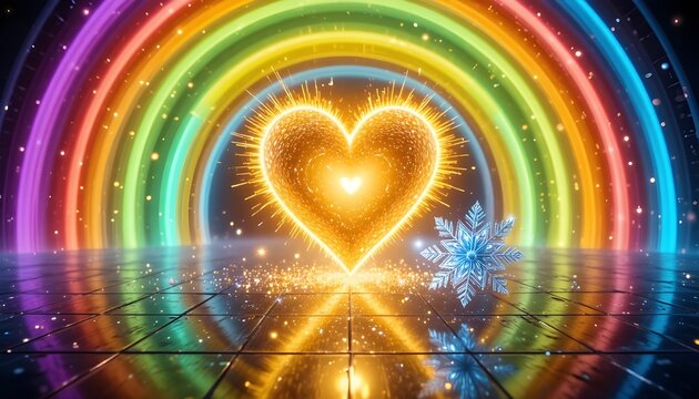 Radiant heart glows amidst vibrant rainbow tunnel, sparking joy and winter magic