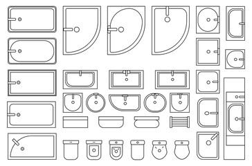 bathroom sanitary items vectors, architectural icons set of  baths,shells, toilets, washbasins, urinals, showers topview