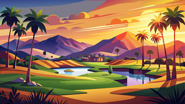 Very beautiful, golf course at sunset in Palm Springs, California, glowing fairways, palm trees, distant mountains, golden sunlight, tranquil landscape, and serene desert oasis under the warm evening 