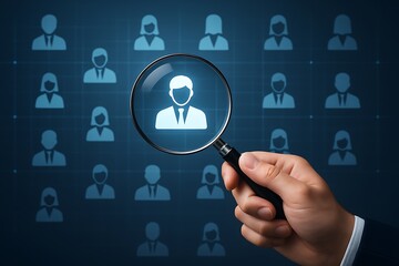 Businessman holding magnifying glass focusing on human icon symbolizing recruitment human resources leadership career management and professional search selection employment concept 