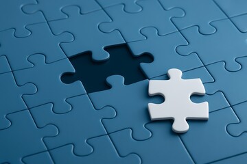 Blue puzzle with missing white piece symbolizing problem solving teamwork success completion connection idea strategy and creative solution development concept innovation design process.