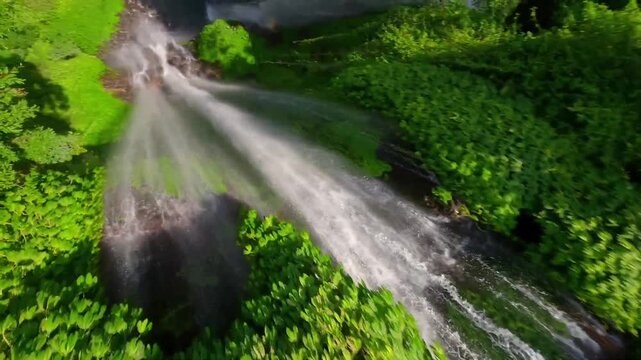 FPV drone diving down a stnning tropical waterfall.