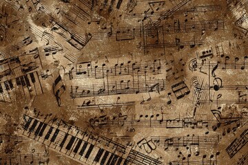 Detailed Music Score Sheet Pattern with Faded Brown Texture and Black Musical Notes