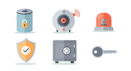 Collection of essential security and protection flat icons, featuring symbols for digital privacy, surveillance cameras, alarm systems, secure storage, and access keys