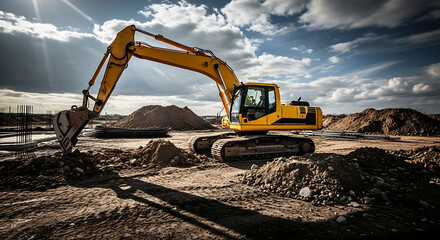 Yellow excavator digging dirt and sand on a construction site under dramatic sky