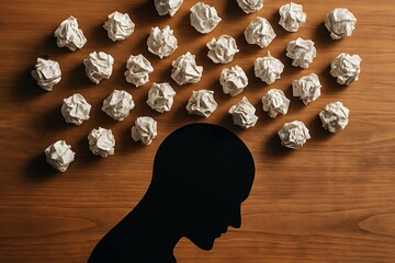 Black silhouette head with crumpled paper balls representing mental stress depression burnout frustration and anxiety creativity block concept exhaustion health worry brainstorming problem solution.