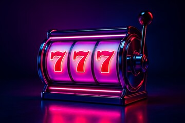 Neon slot machine displaying 777 lucky jackpot symbols representing success gambling entertainment casino win fortune luck concept bright gaming prize glowing creativity.