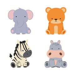 Cute Safari Animal Vector Set Elephant, Bear, Zebra & Hippo BIG.eps