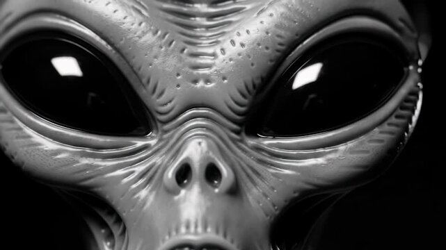 Extreme close-up: 'Grey' alien's light grey face, obsidian eyes, unsettling gaze emerges from inky darkness in low-key chiaroscuro. Profound first contact sci-fi encounter
