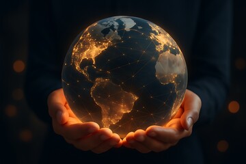 Hands holding glowing digital earth network symbolizing connection globalization progress world technology innovation communication internet network future security global data concept leadership.