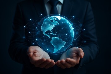 Businessman holding glowing digital earth network in hands symbolizing global connection innovation technology progress communication world map data cyberspace international business future concept