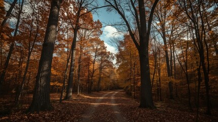 A dirt road winding through a forest of trees with autumn leaves and a glimpse of blue sky above the trees