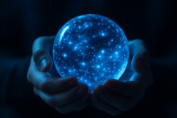 Hands holding glowing sphere of stars representing digital galaxy network data technology innovation connection cosmic design universe future fantasy concept light abstract energy
