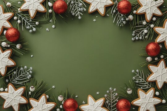 Festive christmas wreath crafted from star shaped cookies pine branches and red baubles arranged on a muted green background with copy space