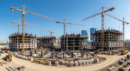 Massive construction site with multiple tall cranes and unfinished buildings under a bright sky