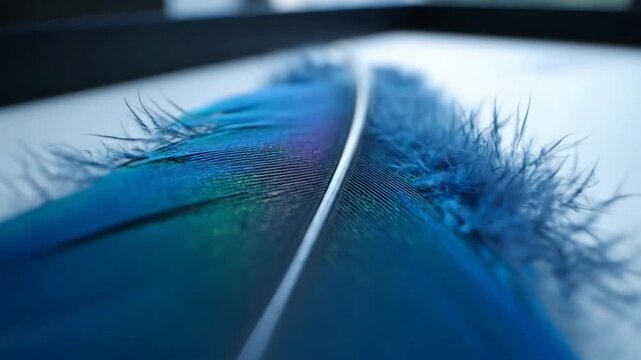 Close-up of a vibrant blue feather with intricate detail and iridescent sheen in various angles