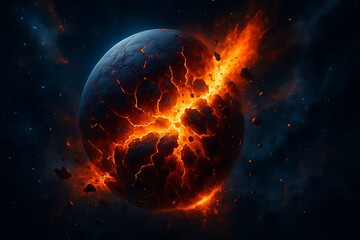 Exploding fiery planet in cosmic space representing destruction apocalypse energy chaos science danger universe explosion climate change and global disaster concept background.