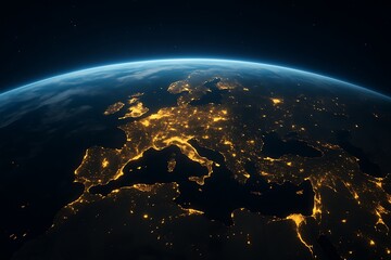 Night view of europe glowing lights from space city network communication technology concept global connection data geography digital map visualization modern future earth