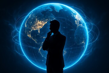 Silhouette businessman standing against glowing earth network symbolizing global communication data technology connection innovation leadership vision digital world future achievement concept