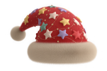 3d rendering red Christmas hat beautifully decorated with colorful stars.PNG
