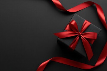 Elegant black gift box with a luxurious red satin ribbon tied in a beautiful bow on a dark background