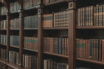 Rows of antique leather bound books fill tall wooden bookshelves in a dimly lit classic library creating an atmosphere of wisdom and knowledge