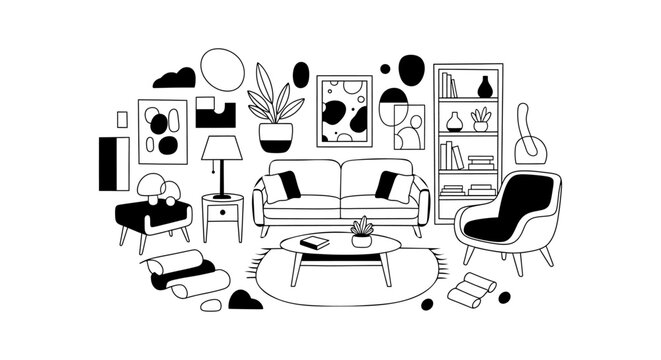 Vector art of cozy living room interior with sofa, armchair, and decor