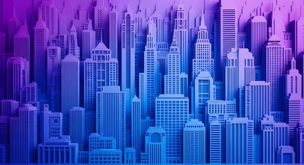 Stylized 3D model of a dense city skyline with skyscrapers in a vibrant blue and purple gradient.