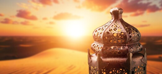 Ramadan lantern glowing light in desert