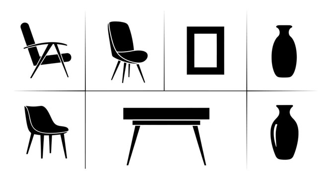 Vector art of furniture arrangement with chairs, table, vases and frame