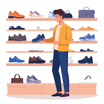 Man in a shoe store, looking at a blue sneaker on a shelf. Many shoes and bags are displayed in the background.