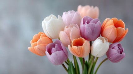 A Delicate Bouquet of Assorted Pastel Tulips with Sparkle Accents and Water Droplets Against a Softly Blurred Gray Background