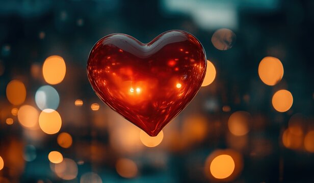 Glossy red heart floating in the air surrounded by blurred city lights at night with bokeh effect and streetlight reflections