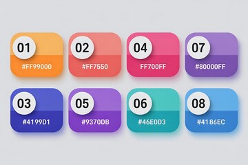 Set of eight colorful rounded square infographic elements with numbers from one to eight and space for text on a light gray background