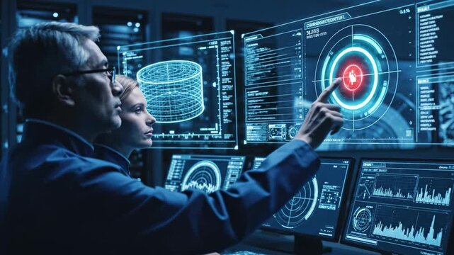 Two people in a server room analyzing data on multiple monitors, one points at a target