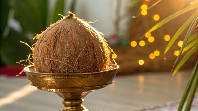 Coconut placed on brass plate symbolizes Indian tradition and coming of age ceremonies. warm lighting adds festive touch