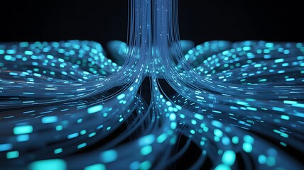 Abstract flowing blue light particles creating a mesmerizing vortex of energy and data streams in a dark digital futuristic environment