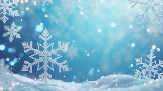 Magical winter wonderland with large delicate snowflakes falling gently against a soft blue bokeh background creating a serene and enchanting festive atmosphere