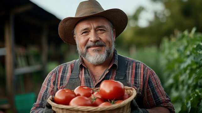 A Smiling Man in a Straw Hat Holds a Basket Filled with Fresh, Ripe Tomatoes Amidst a Lush Green Garden