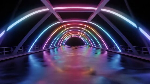 Stunning Futuristic Tunnel: Neon Rainbow Lights Reflecting on Wet Surface in Dark Setting