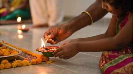 Child participates in traditional Indian coming of age ceremony lighting diya with guidance