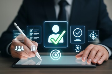 Businessman using digital pen to interact with holographic human resource verification checklist data analytics profile management innovation concept futuristic technology progress design corporate