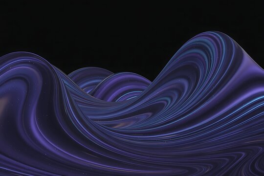 Abstract flowing waves of deep purple and blue fabric with swirling textures and highlights against a dark black background creating a luxurious and elegant visual