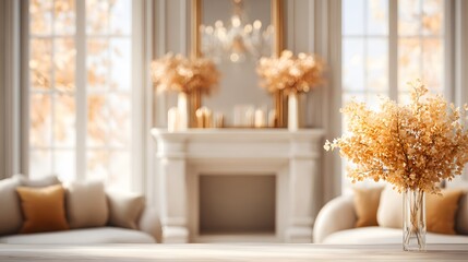 Modern living room INTENTIONALLY BLURRED IMAGE reflecting golden through glass