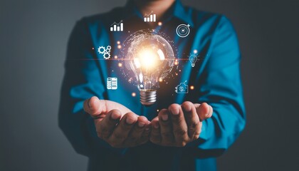 Hands open towards a floating light bulb surrounded by digital icons — gears, graphs, and lines — representing business strategy, startup innovation, and creative thinking.