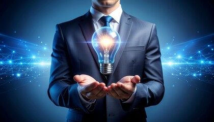 A businessman in a dark suit holding a glowing digital light bulb hologram above his palms, symbolizing innovation, creativity, and new ideas. Futuristic technology background with soft blue lighting.