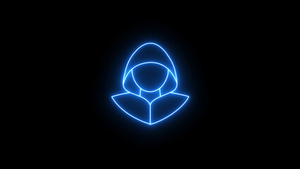 Mysterious blue neon hooded figure icon, an abstract glowing outline symbol representing anonymity, digital privacy, and cybersecurity concepts, isolated on black background